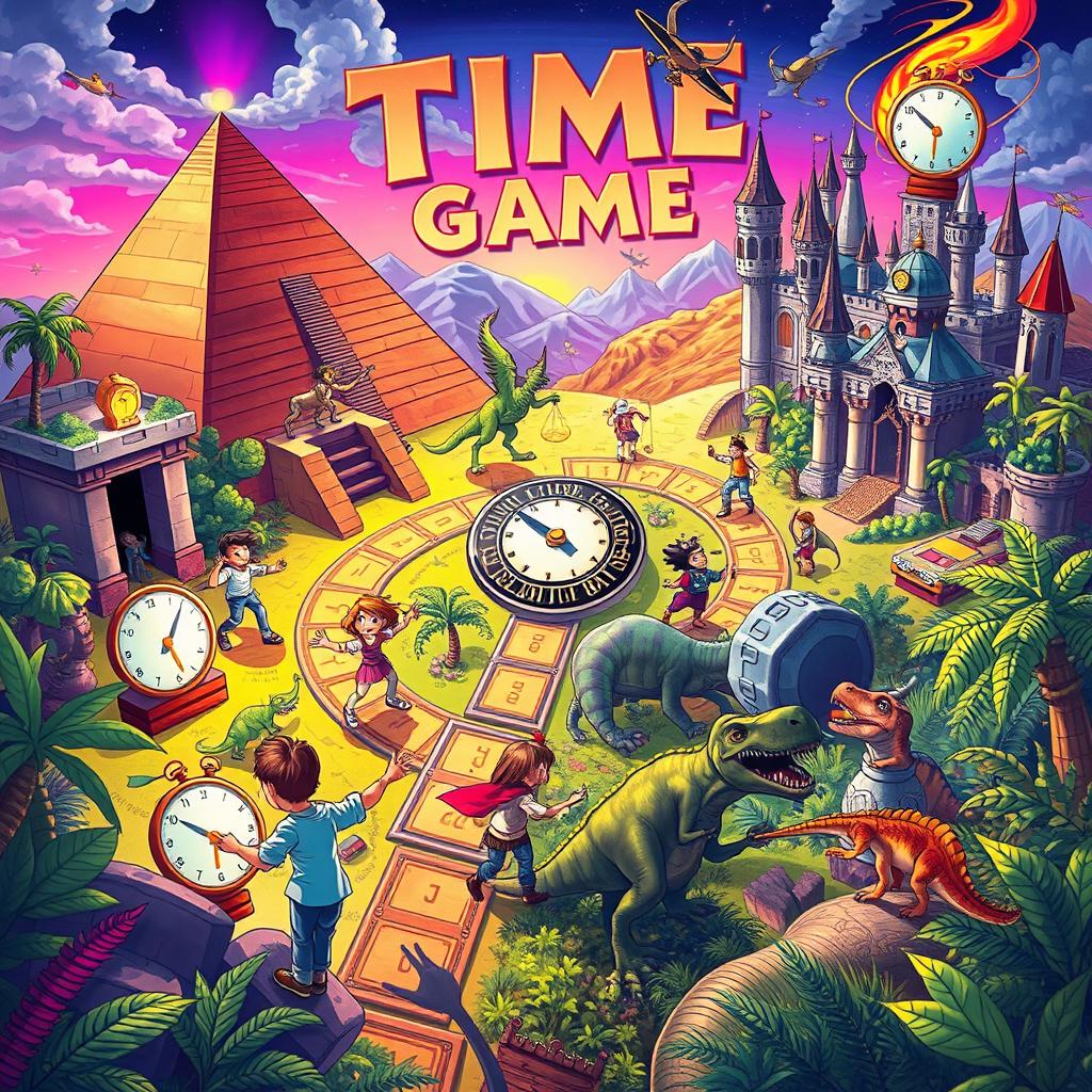 A vibrant and imaginative illustration of a 'time game' concept, where players engage in a thrilling competition through different eras in history