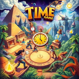 A vibrant and imaginative illustration of a 'time game' concept, where players engage in a thrilling competition through different eras in history