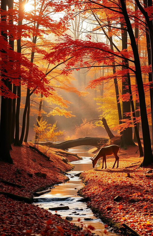 A serene forest landscape during autumn, featuring vibrant orange and red foliage on the trees