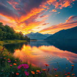 A hyper-realistic portrait of a serene landscape, featuring a calm lake reflecting a stunning sunset with vibrant oranges, pinks, and purples in the sky