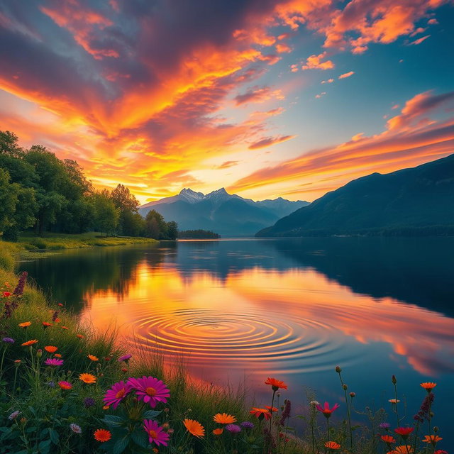 A hyper-realistic portrait of a serene landscape, featuring a calm lake reflecting a stunning sunset with vibrant oranges, pinks, and purples in the sky
