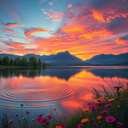 A hyper-realistic portrait of a serene landscape, featuring a calm lake reflecting a stunning sunset with vibrant oranges, pinks, and purples in the sky