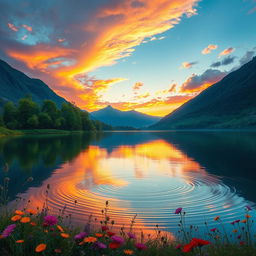 A hyper-realistic portrait of a serene landscape, featuring a calm lake reflecting a stunning sunset with vibrant oranges, pinks, and purples in the sky