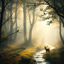 A hyper-realistic portrayal of a tranquil landscape at dawn, capturing a misty forest with sunlight filtering through the trees, casting dappled light on the forest floor