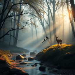 A hyper-realistic portrayal of a tranquil landscape at dawn, capturing a misty forest with sunlight filtering through the trees, casting dappled light on the forest floor