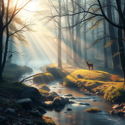 A hyper-realistic portrayal of a tranquil landscape at dawn, capturing a misty forest with sunlight filtering through the trees, casting dappled light on the forest floor