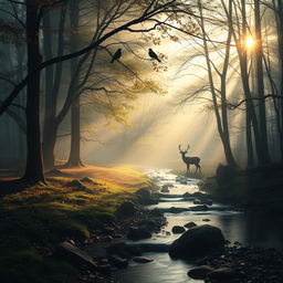 A hyper-realistic portrayal of a tranquil landscape at dawn, capturing a misty forest with sunlight filtering through the trees, casting dappled light on the forest floor