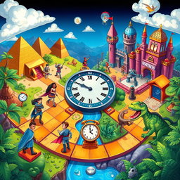 An engaging and colorful illustration of a 'time game' concept, where players embark on an adventurous journey through different historical eras