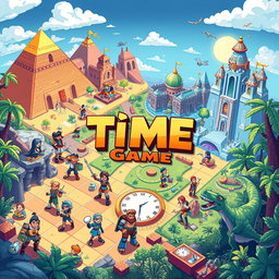 An engaging and colorful illustration of a 'time game' concept, where players embark on an adventurous journey through different historical eras