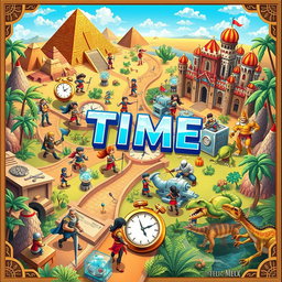 An engaging and colorful illustration of a 'time game' concept, where players embark on an adventurous journey through different historical eras