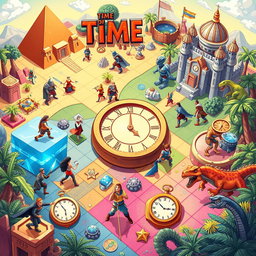 An engaging and colorful illustration of a 'time game' concept, where players embark on an adventurous journey through different historical eras