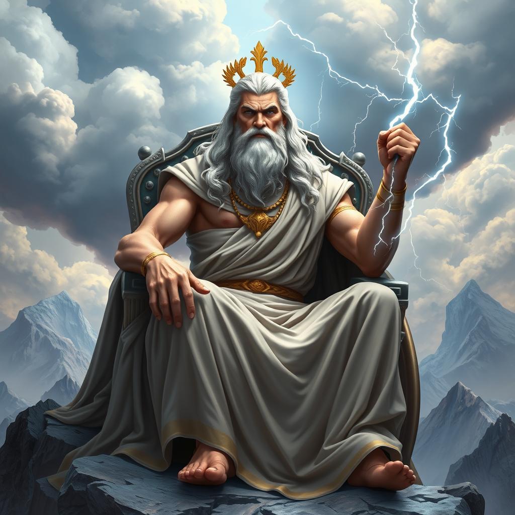 A powerful depiction of Zeus, the king of the Greek gods, sitting majestically on his throne atop Mount Olympus