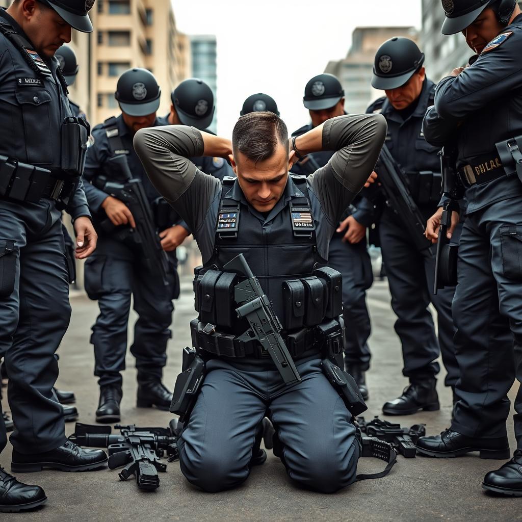A dramatic scene depicting a fully geared policeman kneeling with his hands behind his head in a surrendering position