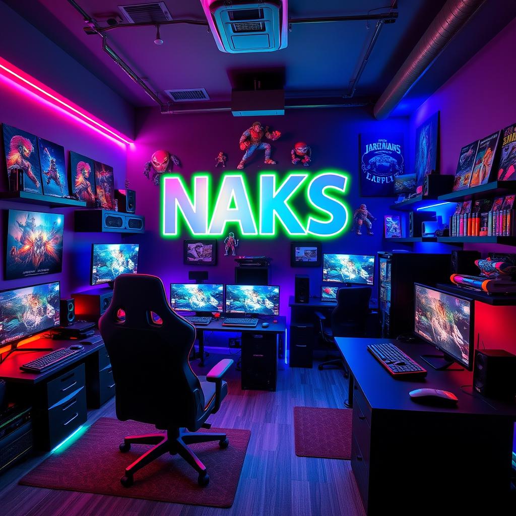 A vibrant gaming room showcasing a dynamic gaming environment, featuring a wall with the bold inscription 'NAKS'