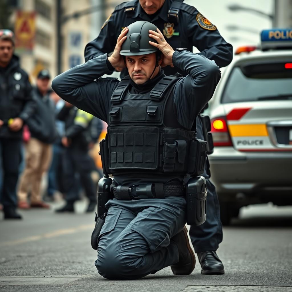 A Moment of Surrender: Policeman in a Dramatic Scene