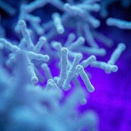 An intricate microscopic image showcasing rod-shaped bacillus subtilis bacteria in the background, featuring a rich detail of their distinctive shape and structure