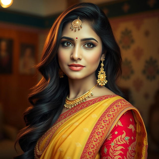 A beautiful intimate portrait of an Indian woman, showcasing her traditional attire with intricate embroidery in rich, vibrant colors