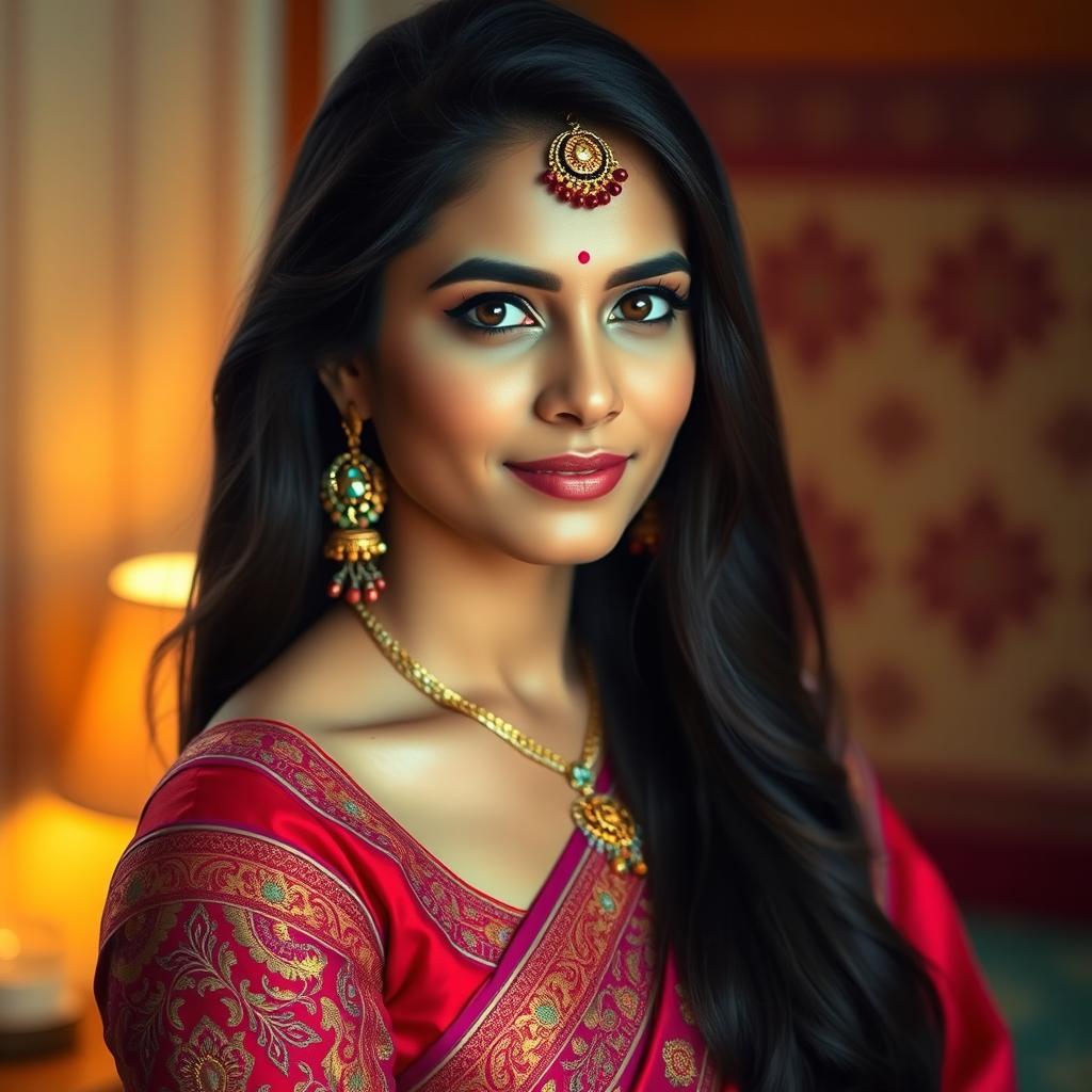 A beautiful intimate portrait of an Indian woman, showcasing her traditional attire with intricate embroidery in rich, vibrant colors