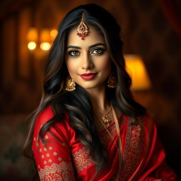 A beautiful intimate portrait of an Indian woman, showcasing her traditional attire with intricate embroidery in rich, vibrant colors