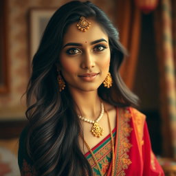 A beautiful intimate portrait of an Indian woman, showcasing her traditional attire with intricate embroidery in rich, vibrant colors