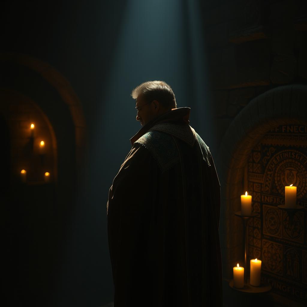 A mysterious dark room with shadows cast by flickering candlelight