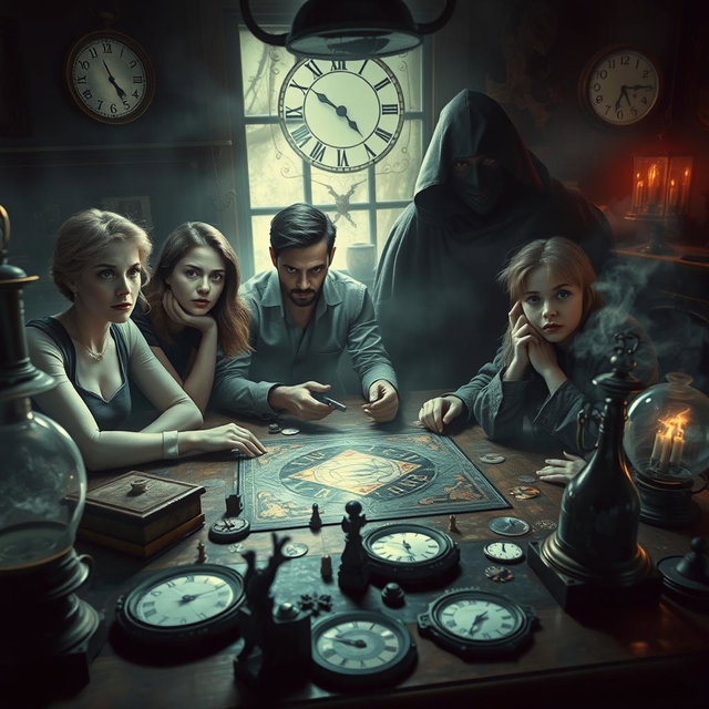 A suspenseful and captivating scene depicting a 'time game' infused with mystery and horror, featuring four diverse characters
