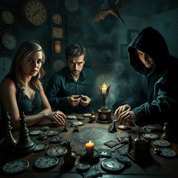 A suspenseful and captivating scene depicting a 'time game' infused with mystery and horror, featuring four diverse characters