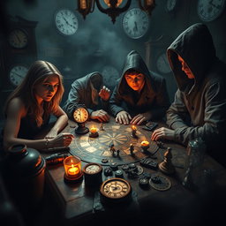 A suspenseful and captivating scene depicting a 'time game' infused with mystery and horror, featuring four diverse characters