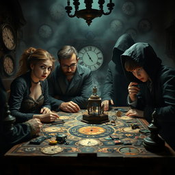 A suspenseful and captivating scene depicting a 'time game' infused with mystery and horror, featuring four diverse characters