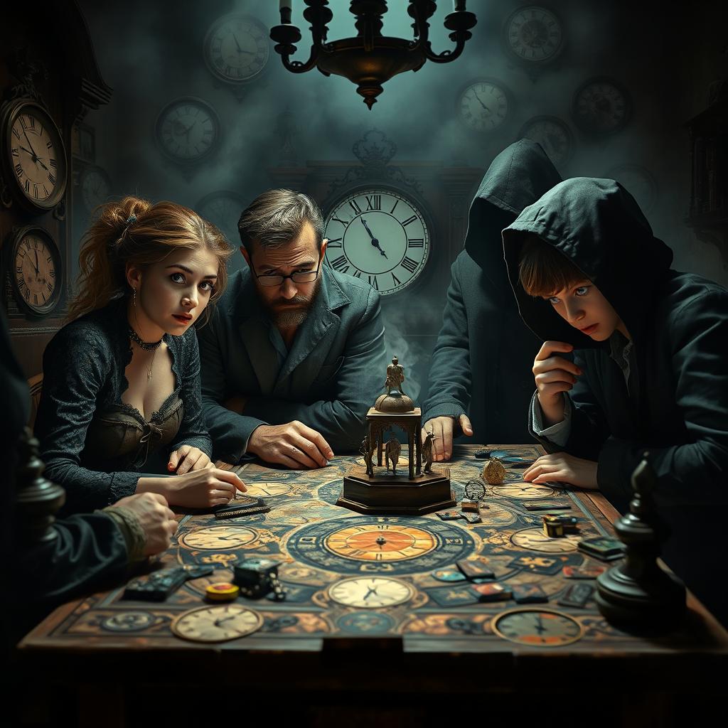 A suspenseful and captivating scene depicting a 'time game' infused with mystery and horror, featuring four diverse characters