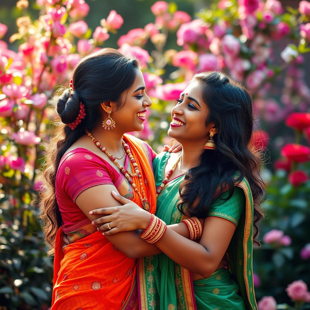 A vibrant and intimate scene depicting two Indian women in a loving embrace, showcasing their joy and connection