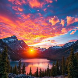 A breathtaking mountain landscape during sunset, with vibrant hues of orange, purple, and pink filling the sky