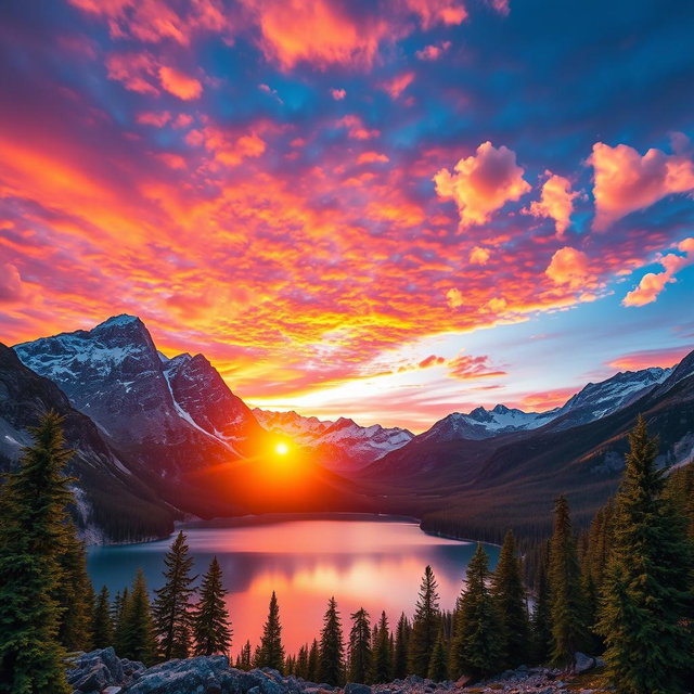 A breathtaking mountain landscape during sunset, with vibrant hues of orange, purple, and pink filling the sky