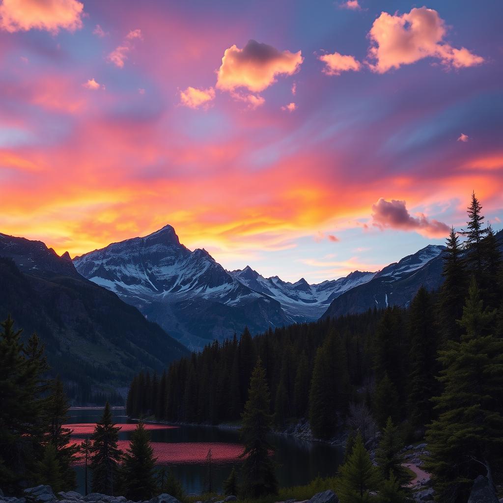 A breathtaking mountain landscape during sunset, with vibrant hues of orange, purple, and pink filling the sky