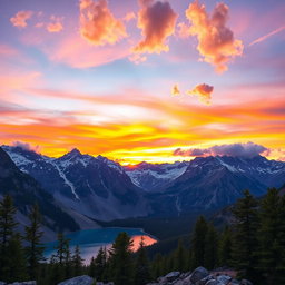 A breathtaking mountain landscape during sunset, with vibrant hues of orange, purple, and pink filling the sky