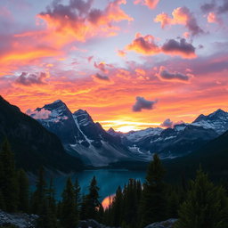 A breathtaking mountain landscape during sunset, with vibrant hues of orange, purple, and pink filling the sky