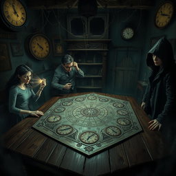 A chilling and mysterious scene depicting a 'time game' infused with elements of horror, showcasing four diverse players
