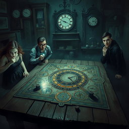 A chilling and mysterious scene depicting a 'time game' infused with elements of horror, showcasing four diverse players