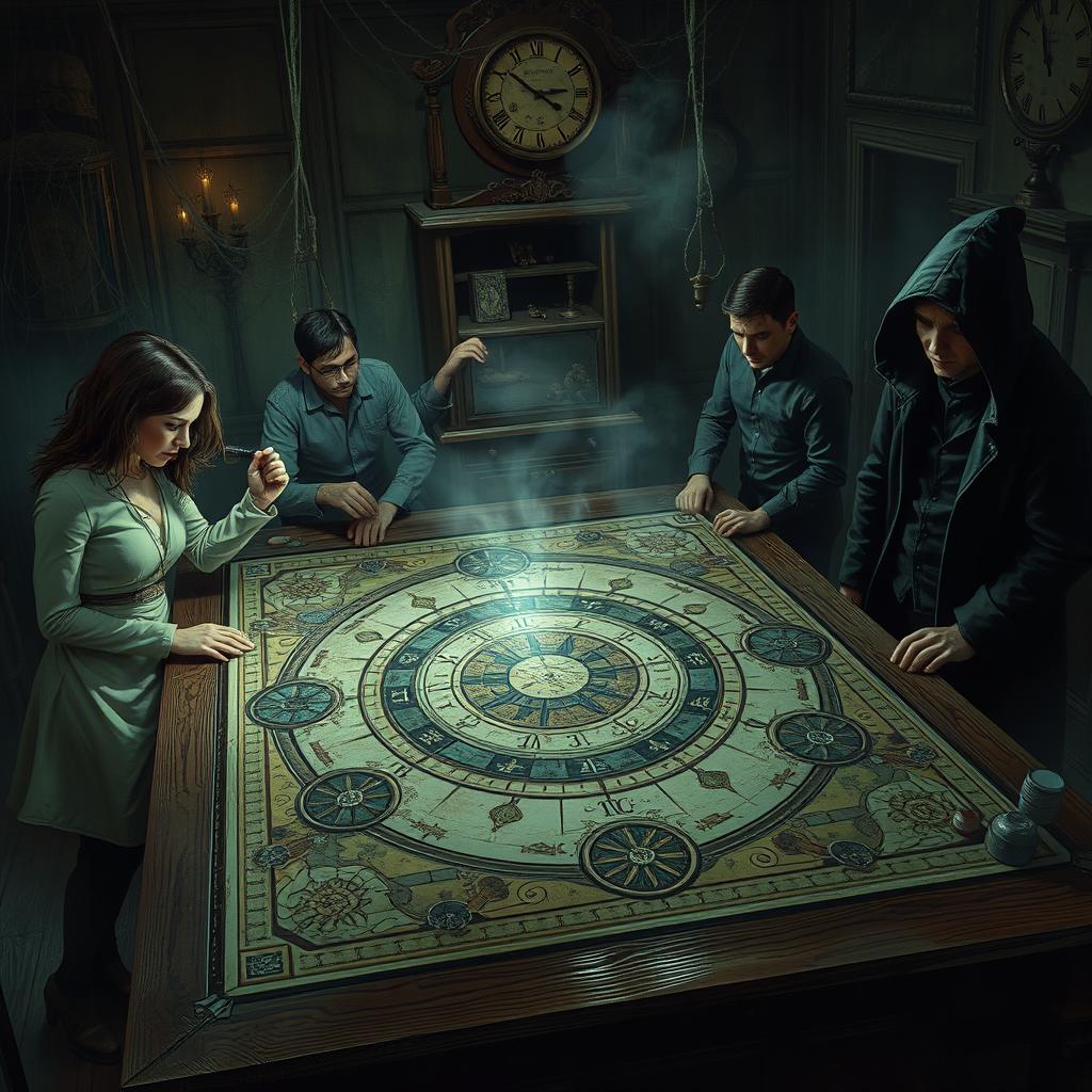 A chilling and mysterious scene depicting a 'time game' infused with elements of horror, showcasing four diverse players