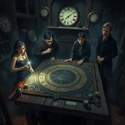 A chilling and mysterious scene depicting a 'time game' infused with elements of horror, showcasing four diverse players