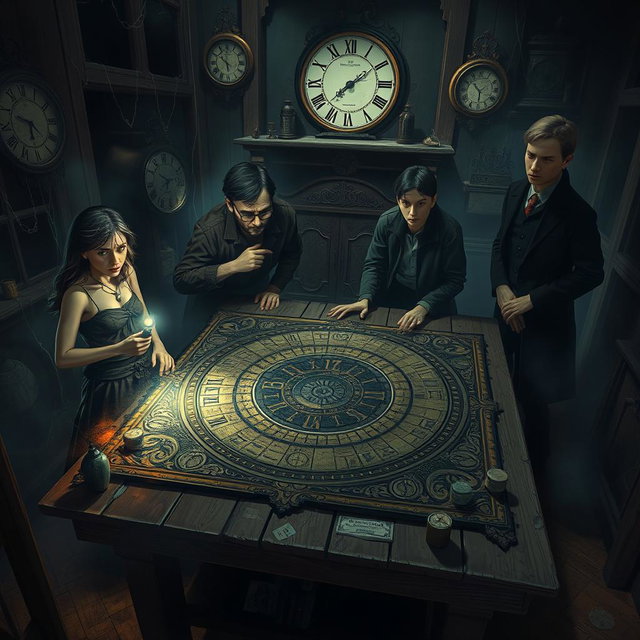 A chilling and mysterious scene depicting a 'time game' infused with elements of horror, showcasing four diverse players