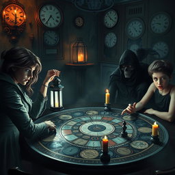 A hauntingly intriguing scene of a 'time game' filled with mystery and horror, featuring four distinct characters gathered around a large, ornate game board in a dimly lit, unsettling environment