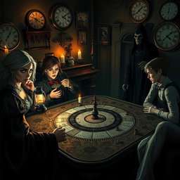 A hauntingly intriguing scene of a 'time game' filled with mystery and horror, featuring four distinct characters gathered around a large, ornate game board in a dimly lit, unsettling environment