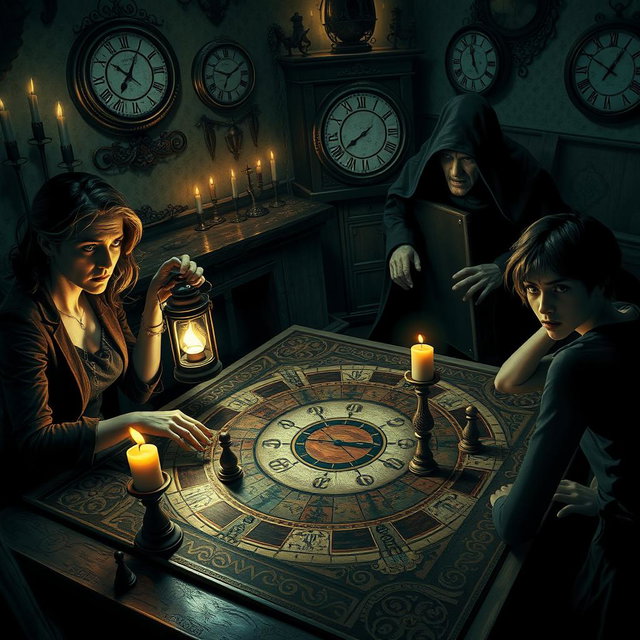 A hauntingly intriguing scene of a 'time game' filled with mystery and horror, featuring four distinct characters gathered around a large, ornate game board in a dimly lit, unsettling environment