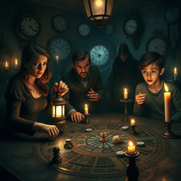 A hauntingly intriguing scene of a 'time game' filled with mystery and horror, featuring four distinct characters gathered around a large, ornate game board in a dimly lit, unsettling environment