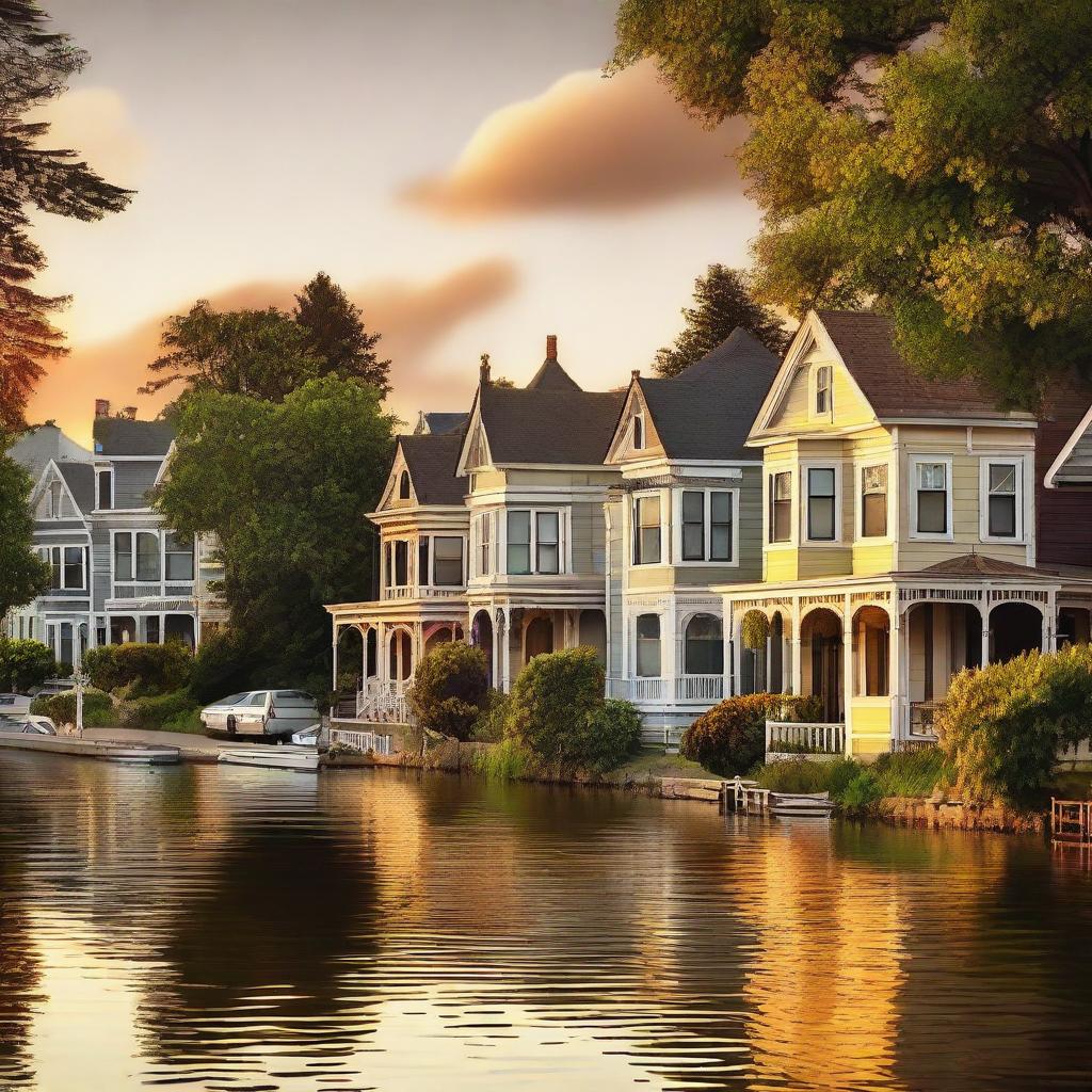 Generate a high resolution image of a picturesque summer sunset in a serene coastal town, with Victorian-style houses lining the streets and verdant trees reflecting the golden hues of the setting sun.