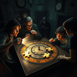 A gripping scene depicting a 'time game' immersed in mystery and horror, featuring four distinct characters engaged in a complex time puzzle