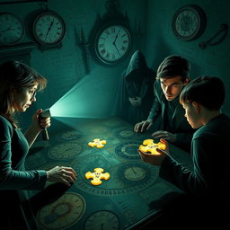 A gripping scene depicting a 'time game' immersed in mystery and horror, featuring four distinct characters engaged in a complex time puzzle