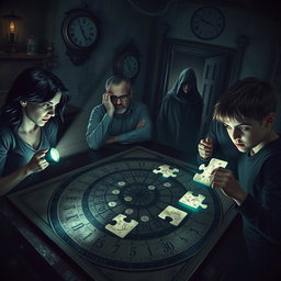 A gripping scene depicting a 'time game' immersed in mystery and horror, featuring four distinct characters engaged in a complex time puzzle