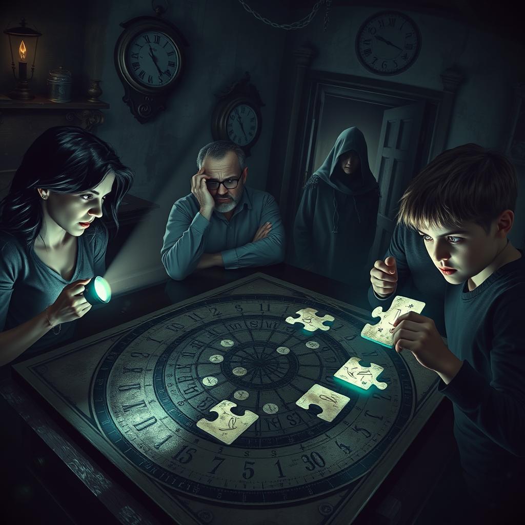 A gripping scene depicting a 'time game' immersed in mystery and horror, featuring four distinct characters engaged in a complex time puzzle